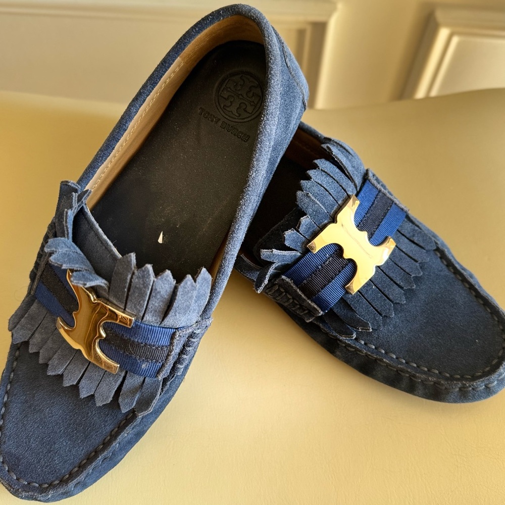Tory Burch Blue and Gold Flats with Fringe